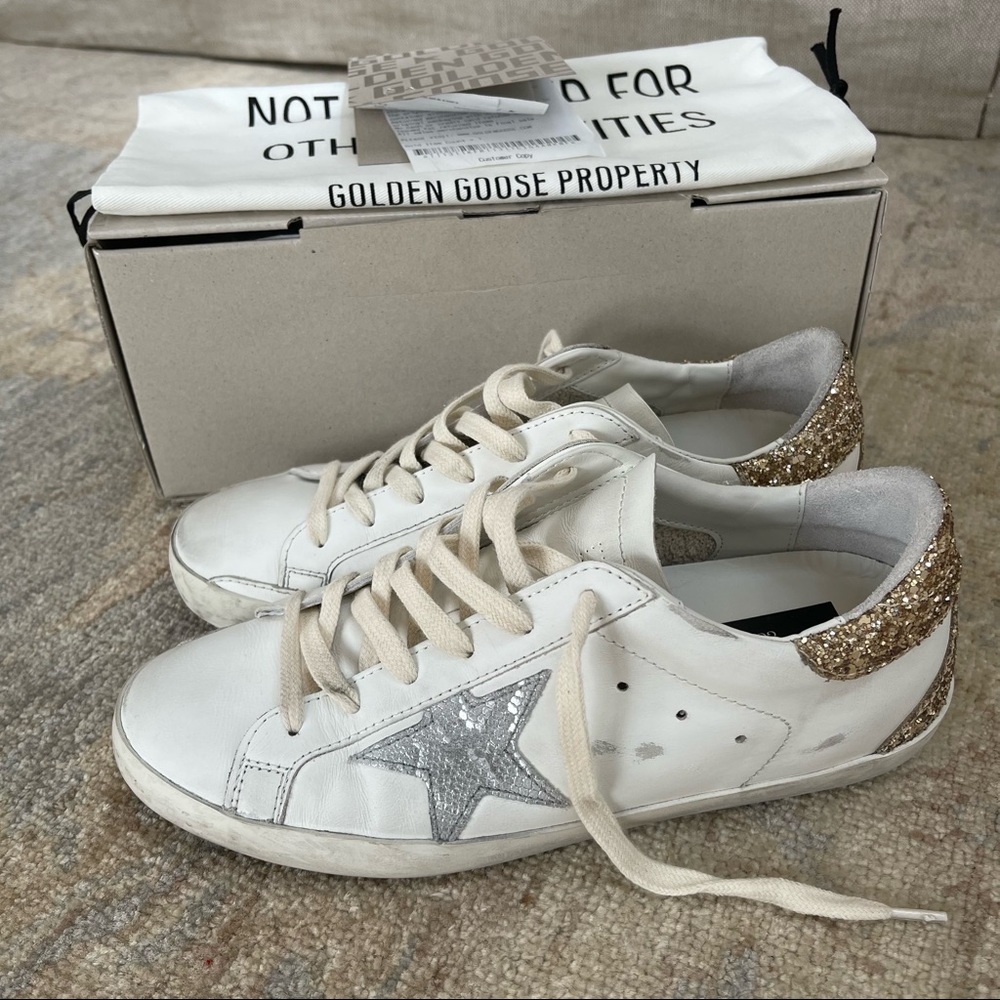 Golden Goose White Sneakers with Gold Glitter Heel and Silver Star - Picture 2 of 13